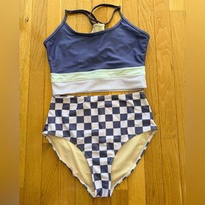 High-Rise Checkered Bikini Set in Mulberry and Cream